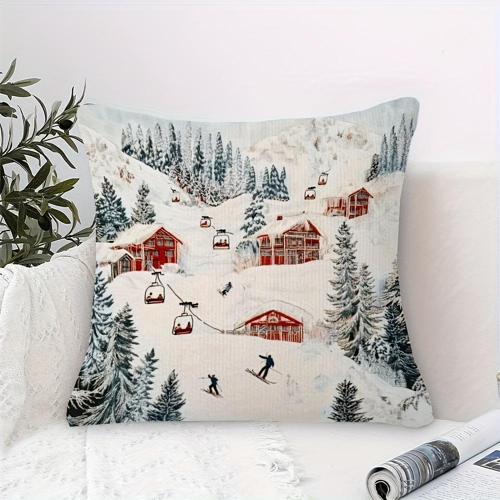 Vintage Ski Resort Pillow Cover Winter Mountain Chalet Print Cozy Skiing Lodge Cushion Case For Sofa Bed Couch Home Decor
