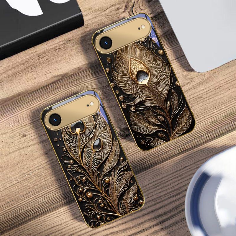 Złote Pióro Klejnot Dla IPhone 17Pro Max 16 17 Pro 15 Pro 14 13 Plus 12 Mini 11Pro Max XR 16E 17Air Złote szklane etui na telefon