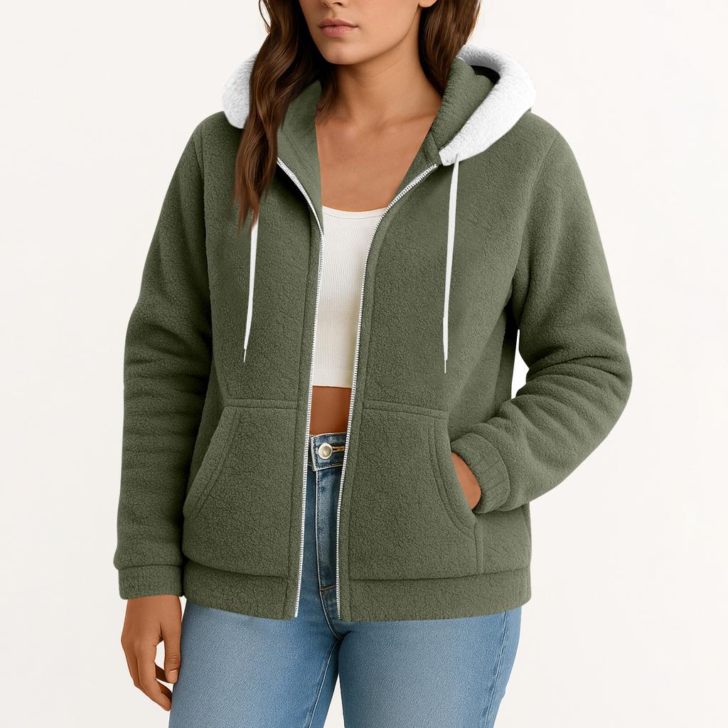 Women's  Fuzzy Fleece Jacket Hooded Color Block Patchwork Lady Cardigan Coat Outerwear With Pockets And Cat Ears