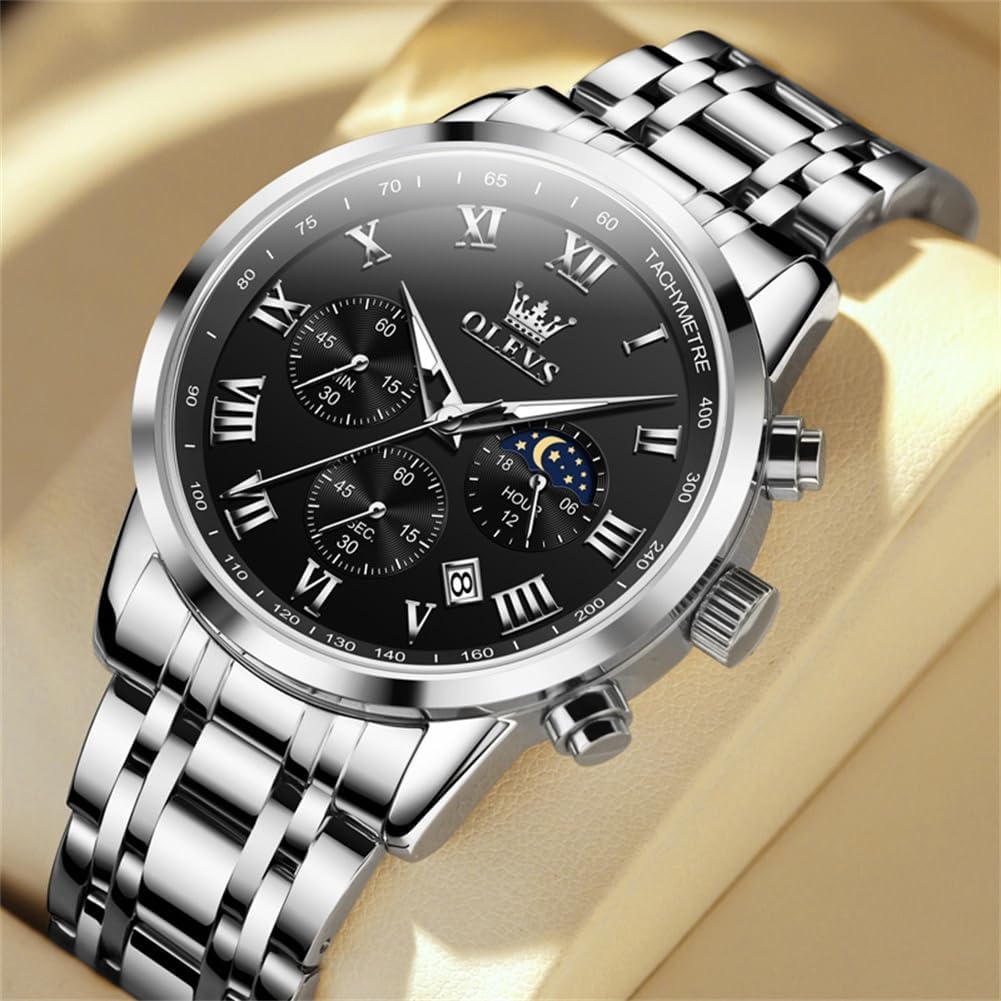 OLEVS Men's Quartz Watch Water-Resistant, Date Display, Luminous Hands, Stainless Steel Band, Black