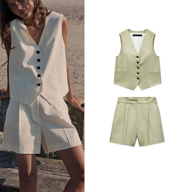 Spring New Arrival Linen Blended Vest 8025939 High Waist Casual Shorts Female 8026707 8026939