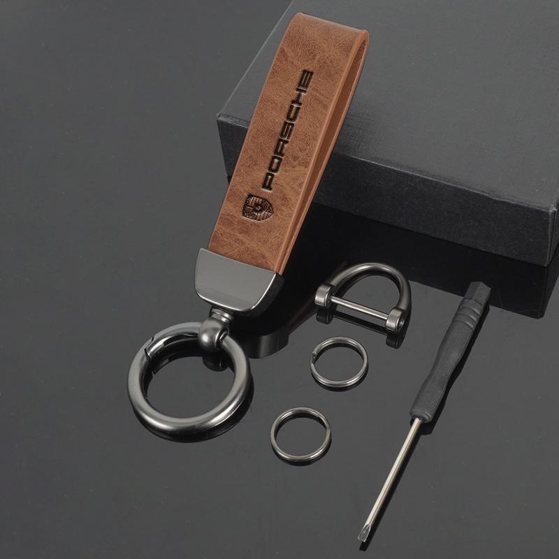 Leather KeychainFor Porsche Cayenne Panamera Macan 911 Taycan Boxster Cayman 918 Pajun Car Logo Key Chain Pendant Key Holder
