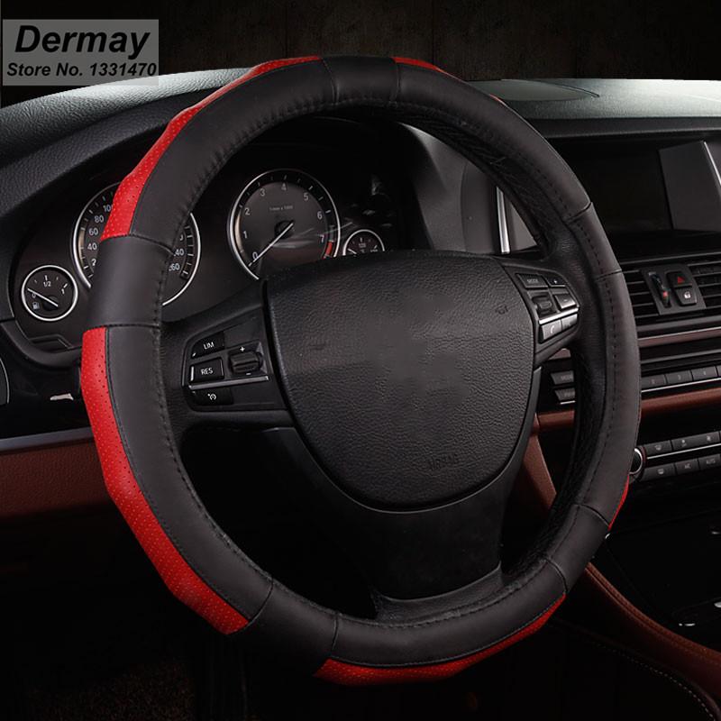 

Genuine Leather Steering Wheel Cover Non Slip Massage M size 38cm Fits Most Cars Freee
