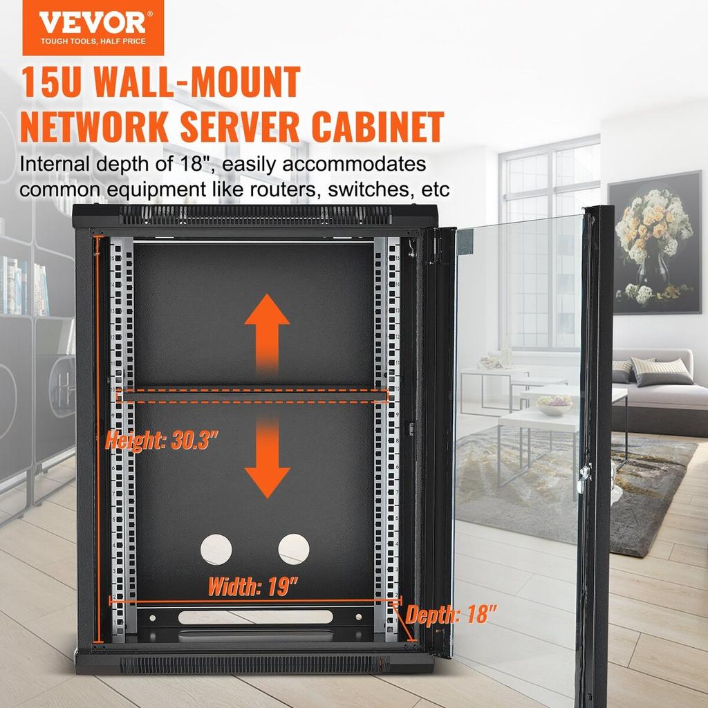 15U Wall Mount Network Server Rack Cabinet Enclosure 18'' Glass Door Lock