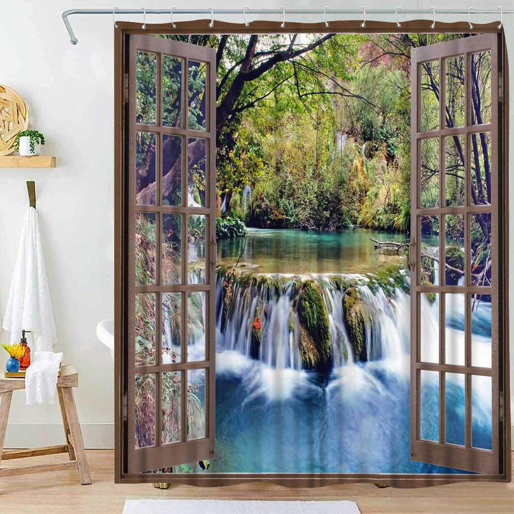 Waterfall Shower Curtain Natural Landscape Outside Window Scenery Forest Flowing Stream Bathroom Decor Polyester Bath Curtains