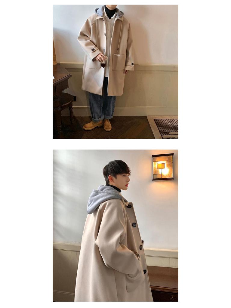 Men's Mid-Length Woolen Hooded Coat - Autumn/Winter Style, Over-The-Knee, Trendy High-End Thick Windbreaker