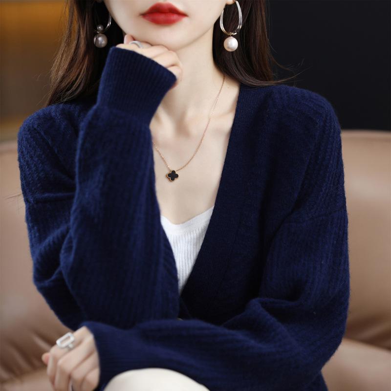 Autumn 2023 Women's Mid-Length Thick Wool Knit Cardigan Sweater Coat