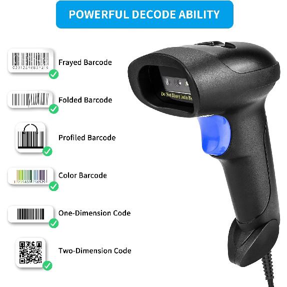 Handheld USB QR Barcode Scanner, NetumScan Wired Automatic 1D 2D Image Bar Code Reader with Adjustable Stand for Store, Supermarket, Warehouse