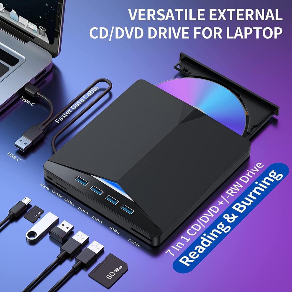 Seven-in-One Multi-Functional USB/Type External DVD Burner with USB Flash Drive Connect