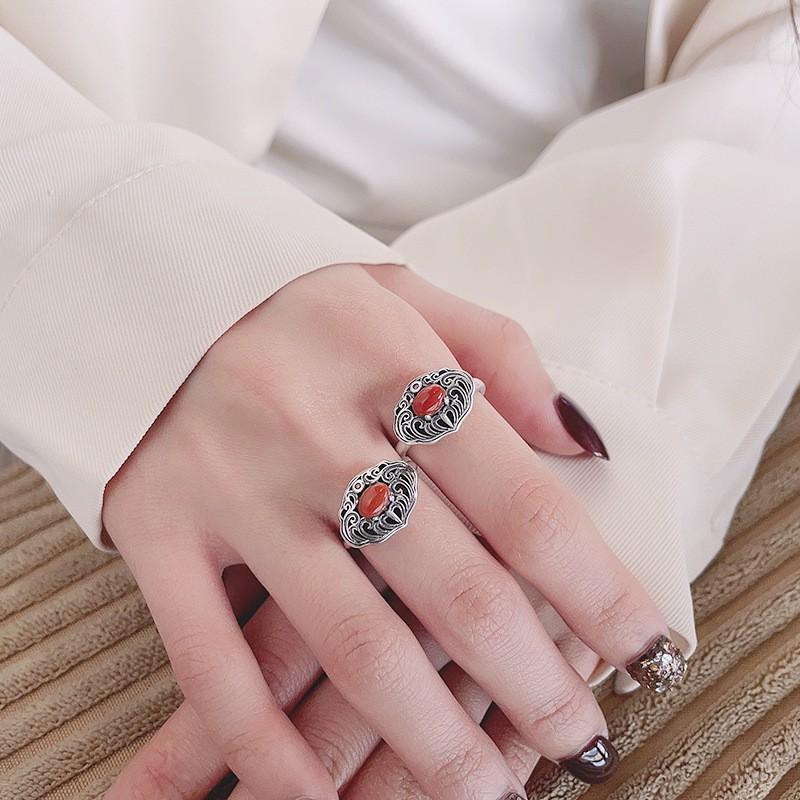 Adjustable Open Ring Men Women Vintage Bohemian Style With Filigree Cutout Design Red Agate Inlay Copper Base Retro