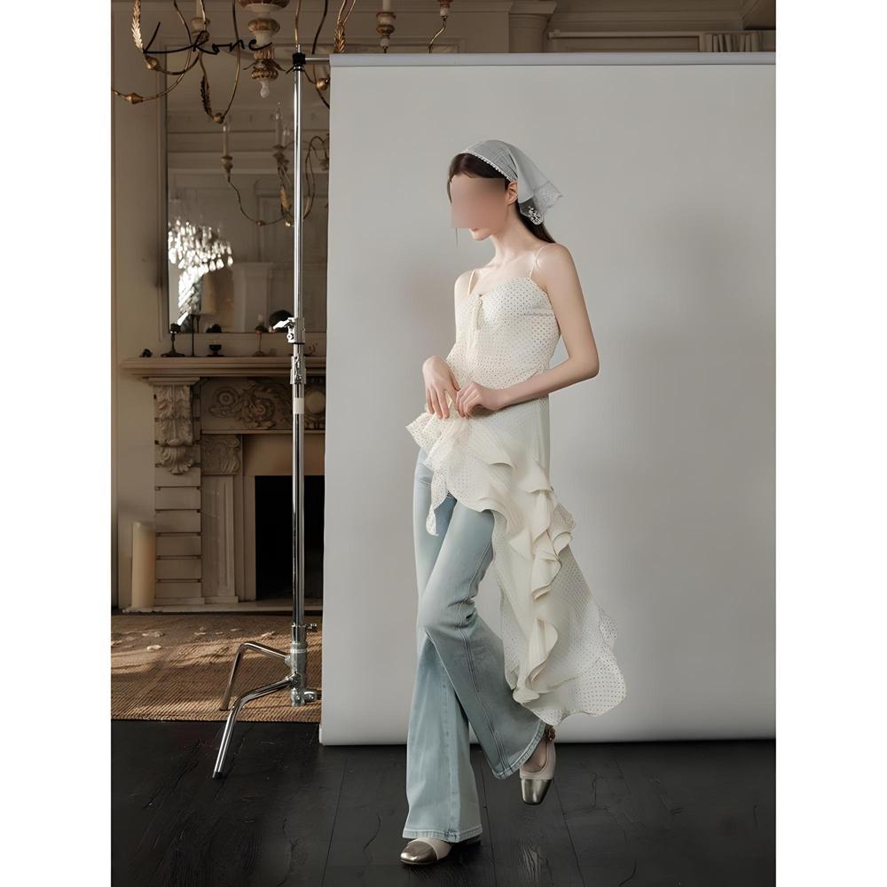 Irregular ruffle edge dress temperament floral suspender skirt women's summer casual new niche