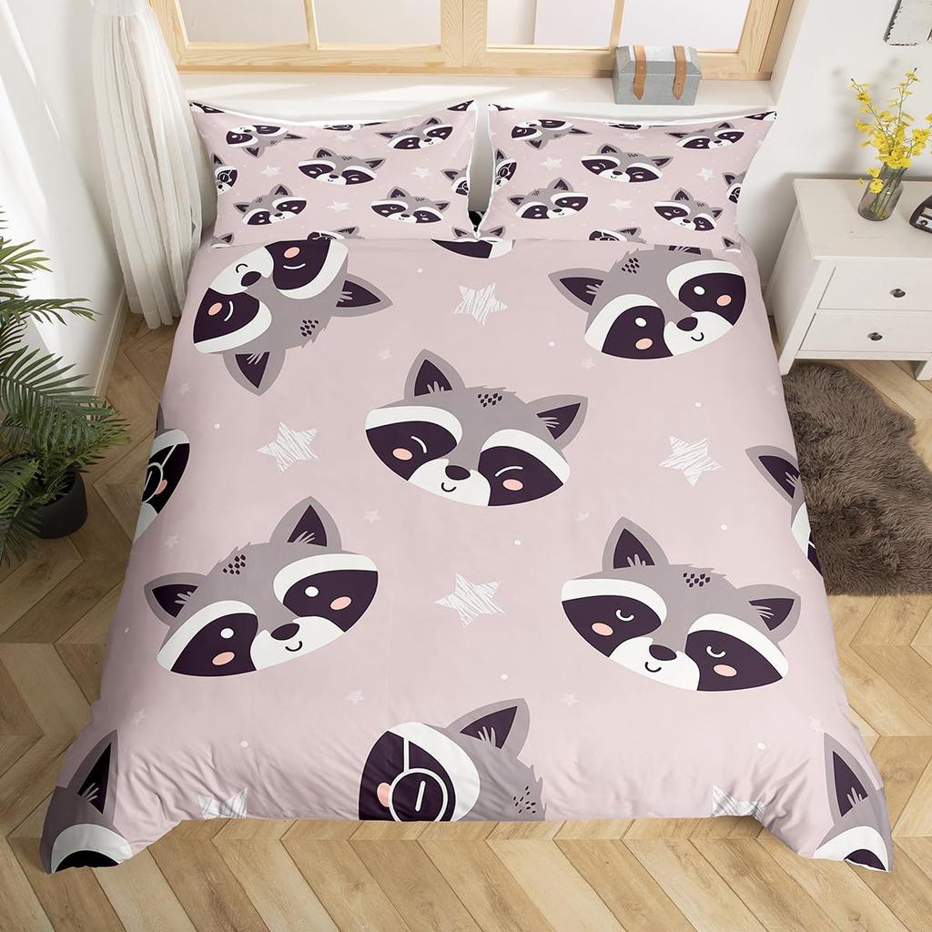 Waschbär Bettwäsche-Set für Jungen Kinder Mädchen Niedlicher Cartoon Wildtiere Bettbezug Liebevolle Tiere Bettdeckenbezug Polyester Steppdeckenbezug