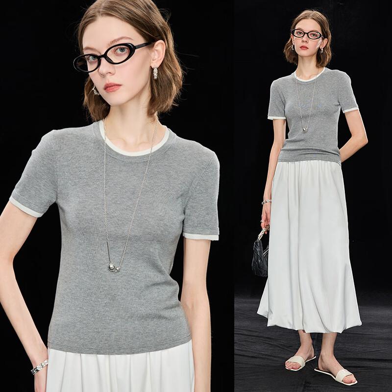 Women s Tencel Blend Contrast Knit Short Sleeve Top L
