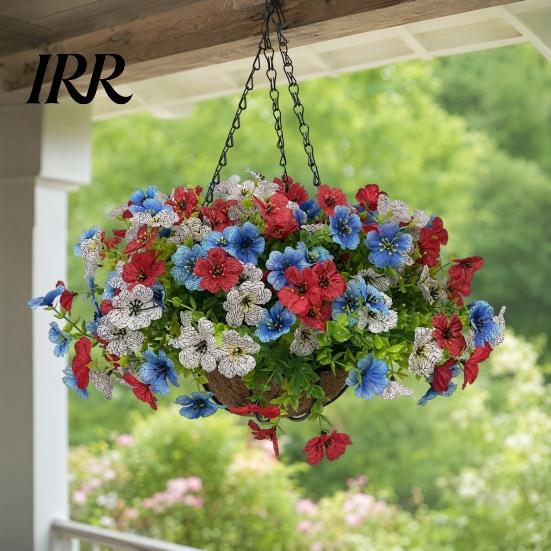 Decorative Flower Basket Artificial Hanging with for Outdoors, 4th of July Patriotic Faux Violet Flowers Flowers, UV Resistant Fake Plants