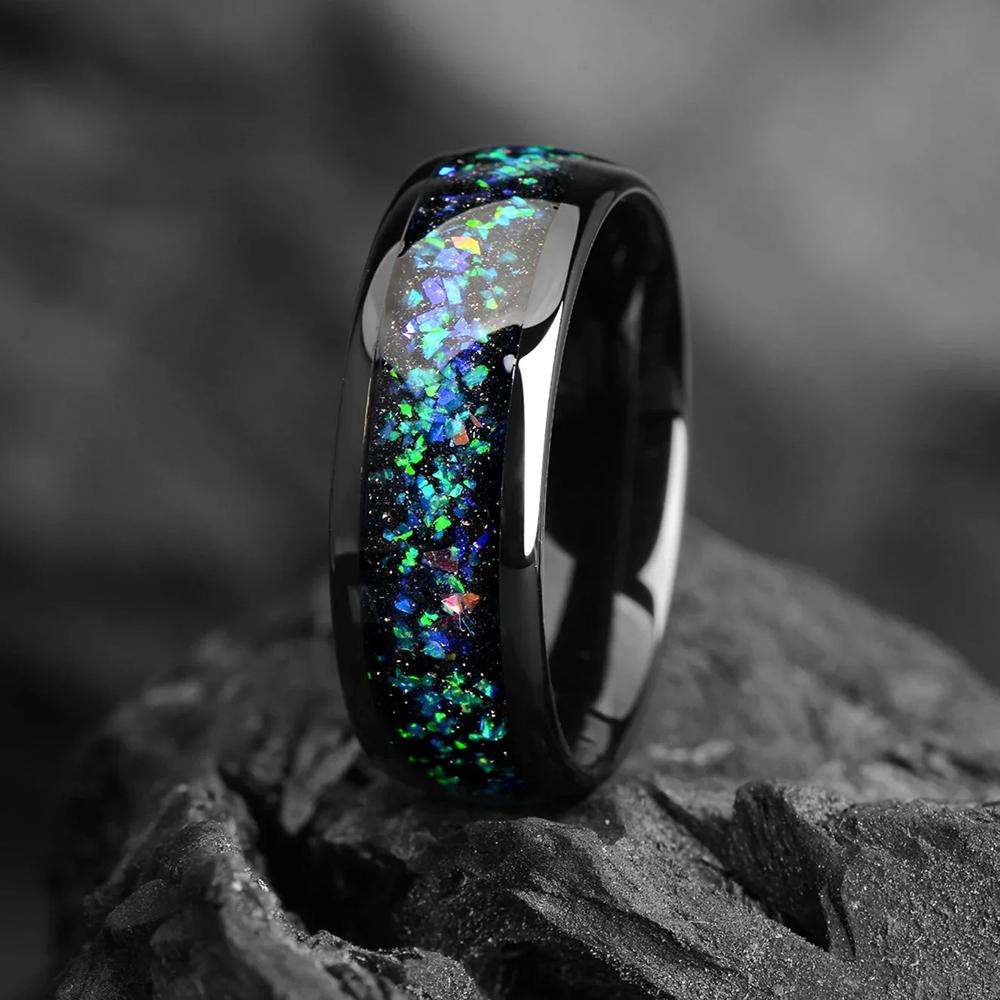 Unique Wood Men Stainless Steel Rings Women Meteorite Inlay Wedding Engagement Jewelry Personality Fashion Unisex Steel Ring