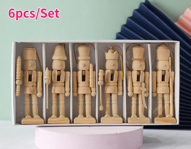 

6pcs 13cm Nutcrackers Wooden Ornaments Decorations Set White Blank Wood Decorative Pendant Figurines Christmas DIY Painting Kits