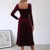 Burgundy Velvet Midi Dress Square Neck Long Sleeve Side Slit Elegant Wine Red Velour Gown Autumn Winter Vintage Evening Party Formal Cocktail Dress