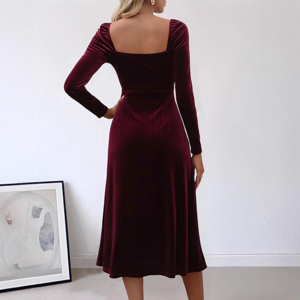 Burgundy Velvet Midi Dress Square Neck Long Sleeve Side Slit Elegant Wine Red Velour Gown Autumn Winter Vintage Evening Party Formal Cocktail Dress