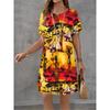 Damen Mode Handgezeichnetes Muster Druckkleid Sommer Neues Temperament Elegant Lässig Damen A-Linien-Kleid Kurzarm Minikleid