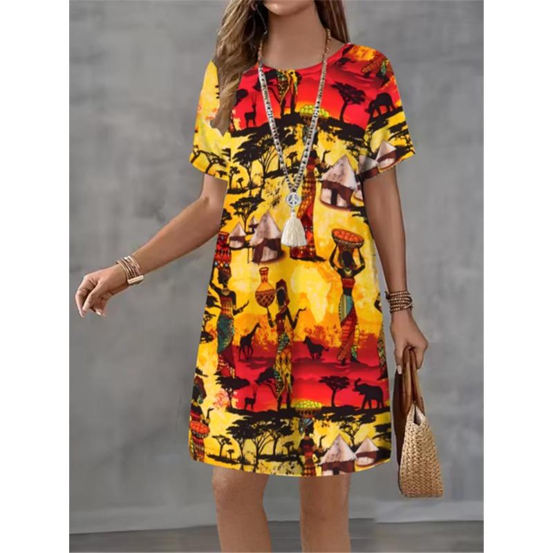 Damen Mode Handgezeichnetes Muster Druckkleid Sommer Neues Temperament Elegant Lässig Damen A-Linien-Kleid Kurzarm Minikleid