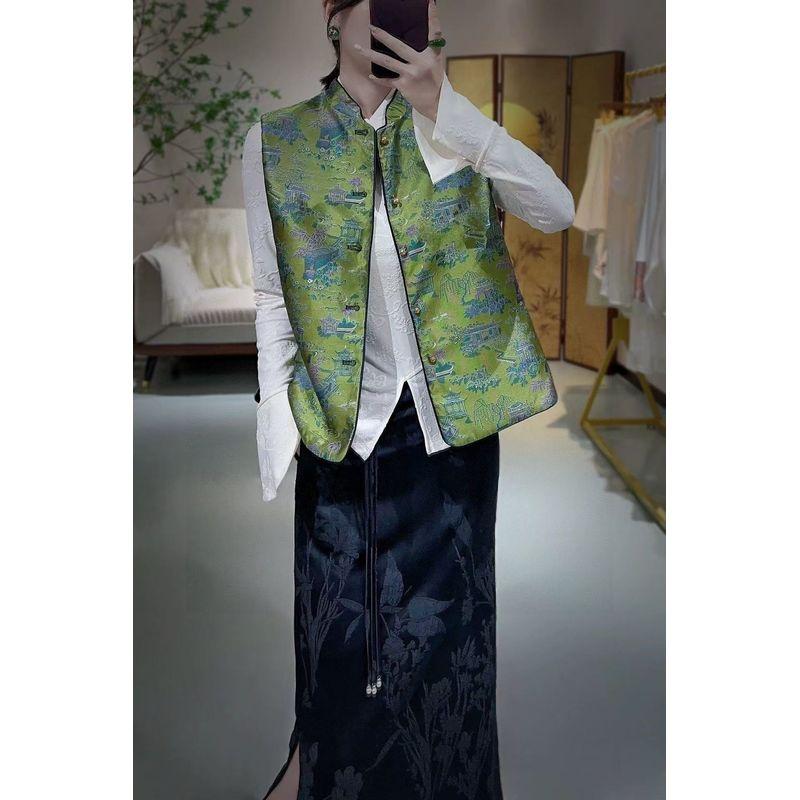 

Landscape Courtyard Relief Can See Clearly! Double-sided Double Purpose Women Small Stand Collar Single-Breasted I-Shaped Vest Outerwear Green + Black L recommend 57.50kg