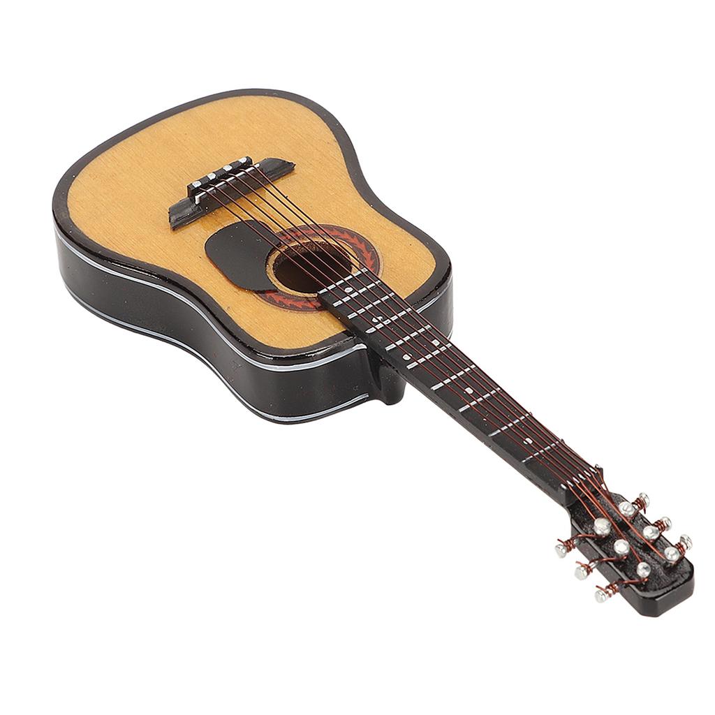 Miniature Wooden Guitar Model Exquisite Realistic Mini Musical Ornaments with Storage Box for Dollhouse Decoration 3.9in