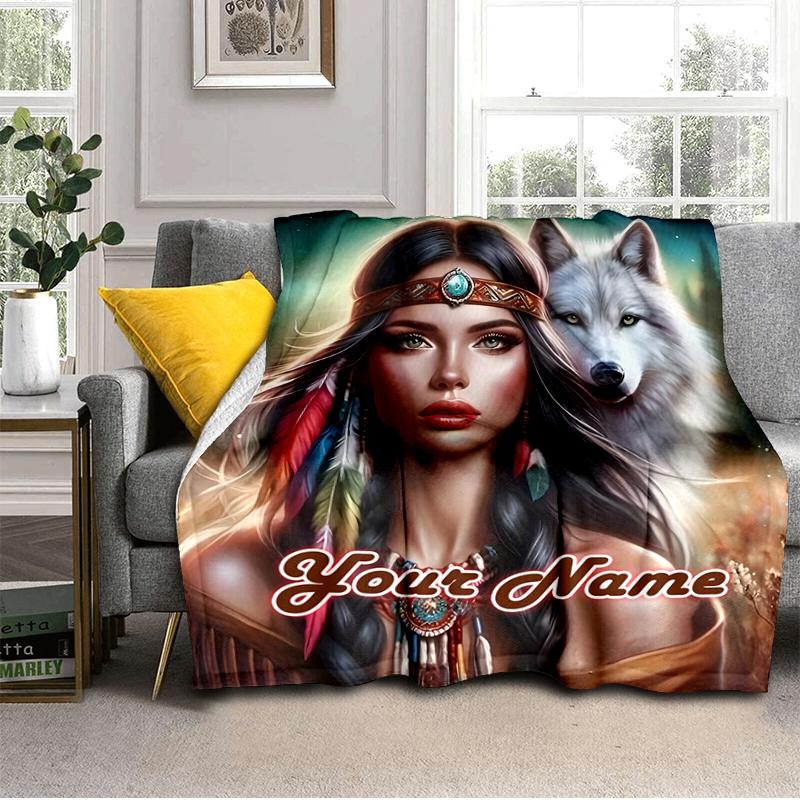1PC Custom Name Wolf Spirit Connection flannel blanket versatile,all-season throw suitable for the living room,bedroom,camping,travel,and gift