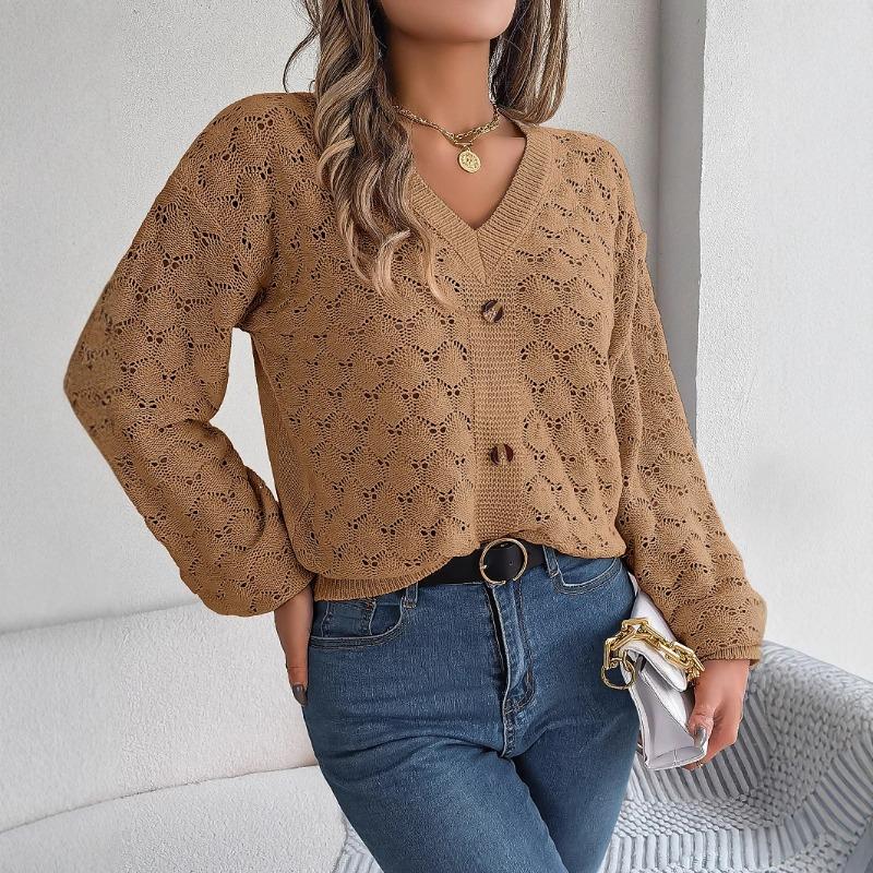 Autumn and winter casual V-neck button hollow lantern sleeve pullover sweater, elegant casual gray temperament ladies long-sleeved knitted sweater