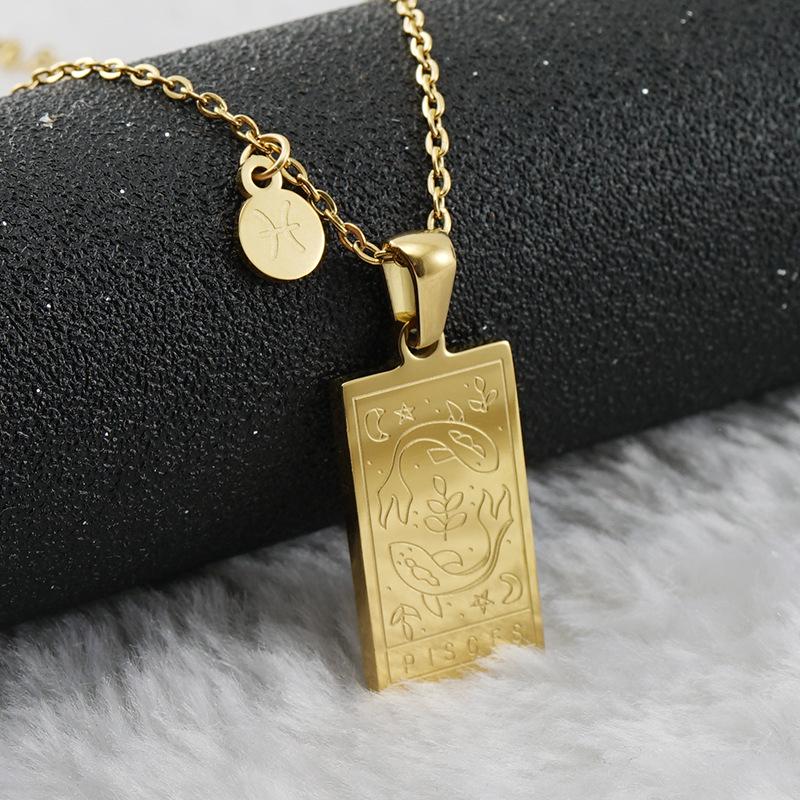 18K Gold Stainless Steel Zodiac Pendant Necklace - Square Constellation Design for Women