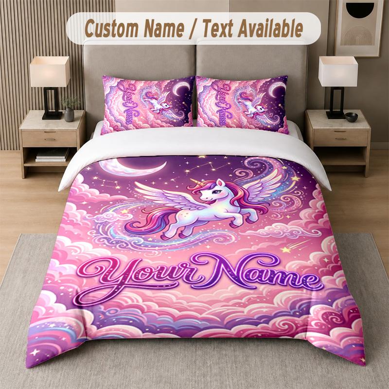 Unicorn Theme Custom Text Or Name 3Pcs Bedding Set 1 Flat Sheet & 2 Pillowcases Personalized Home Bedding