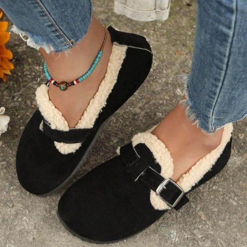 Large Size Velvet One-pedal Cotton Shoes for Women's Winter New Retro Flat-bottomed Warm Buckle Cotton Shoes