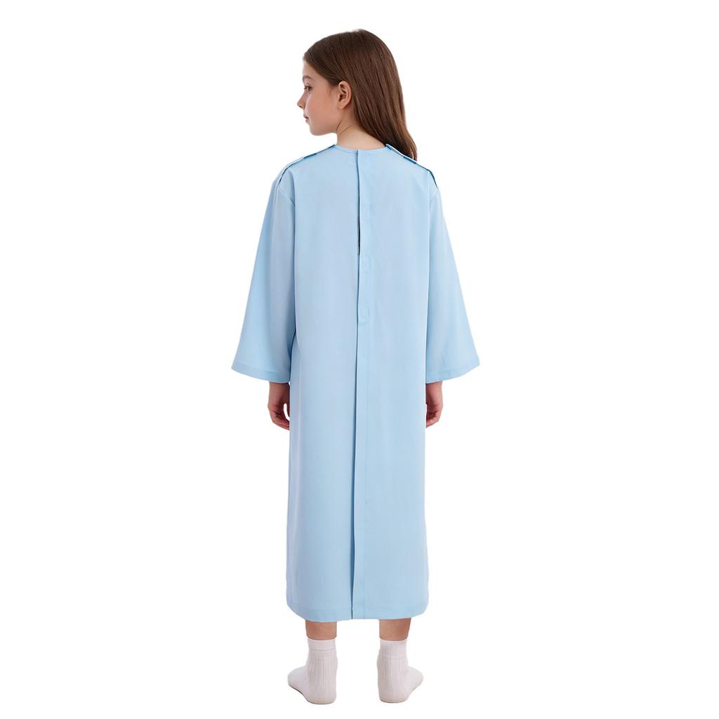 Kids Adaptive Nursing Gown Long Sleeve Back Split Hook-Loop Fastener with Pocket for Special Needs Patients