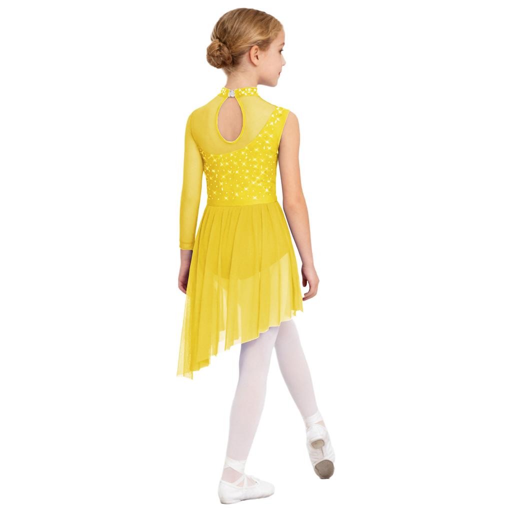 Girls Asymmetrical Lyrical Dance Costume Mock Neck Cutout Sheer Mesh Patchwork Shiny Rhinestones Side Split Dress