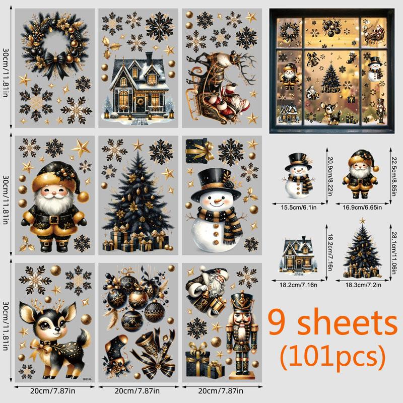 4/9 Sheets Christmas Stickers Removeable Window Cling Sticker Black Gold Cartoon Double-Sided No-Glue Santa Claus Snowflake Xmas