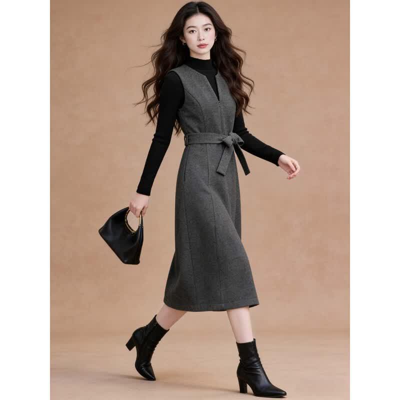 D.F.DEAR 2026 Spring High-Neck Top & Sleeveless V-Neck Dress Two-Piece Set