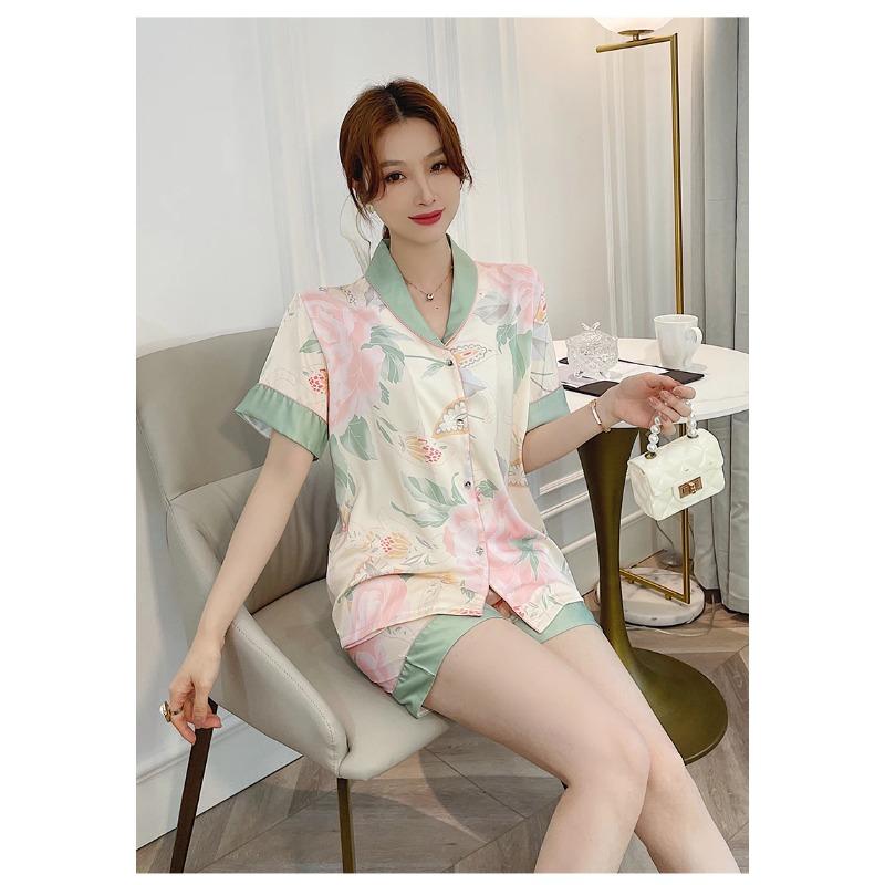 Damen 2-teiliges Pyjama-Set Sommer Neu Grün Sandmalerei-Druck Faux-Seide Zweiteiliges Set Hauskleidung Weiche Lässige Pyjamas Shorts
