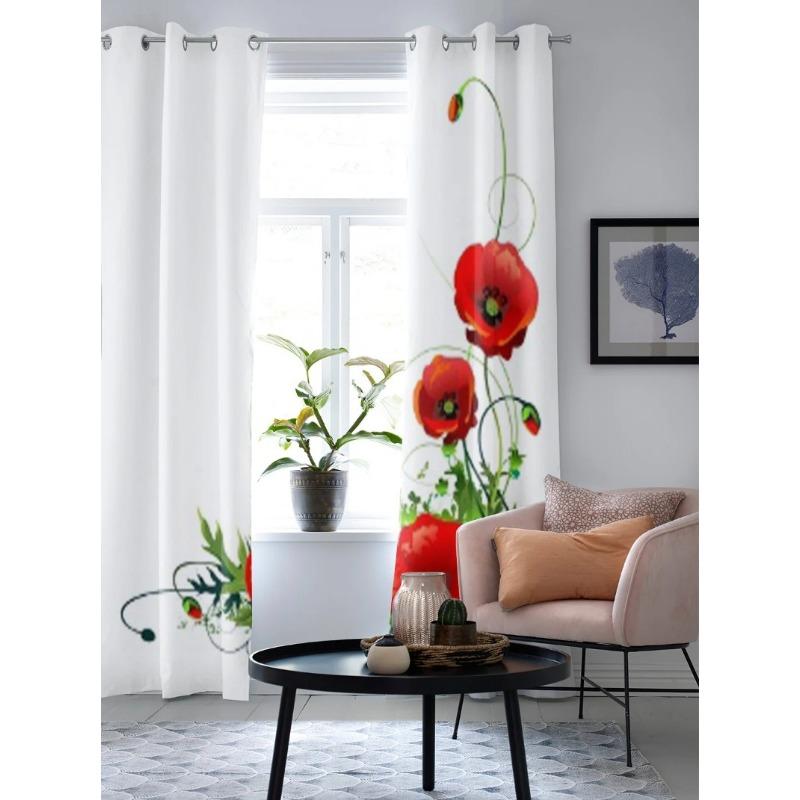 Moderne Fenstervorhänge mit blühenden roten Mohnblumen, luxuriöse Modevorhänge für Wohnzimmer, Schlafzimmer, Küchenvorhänge