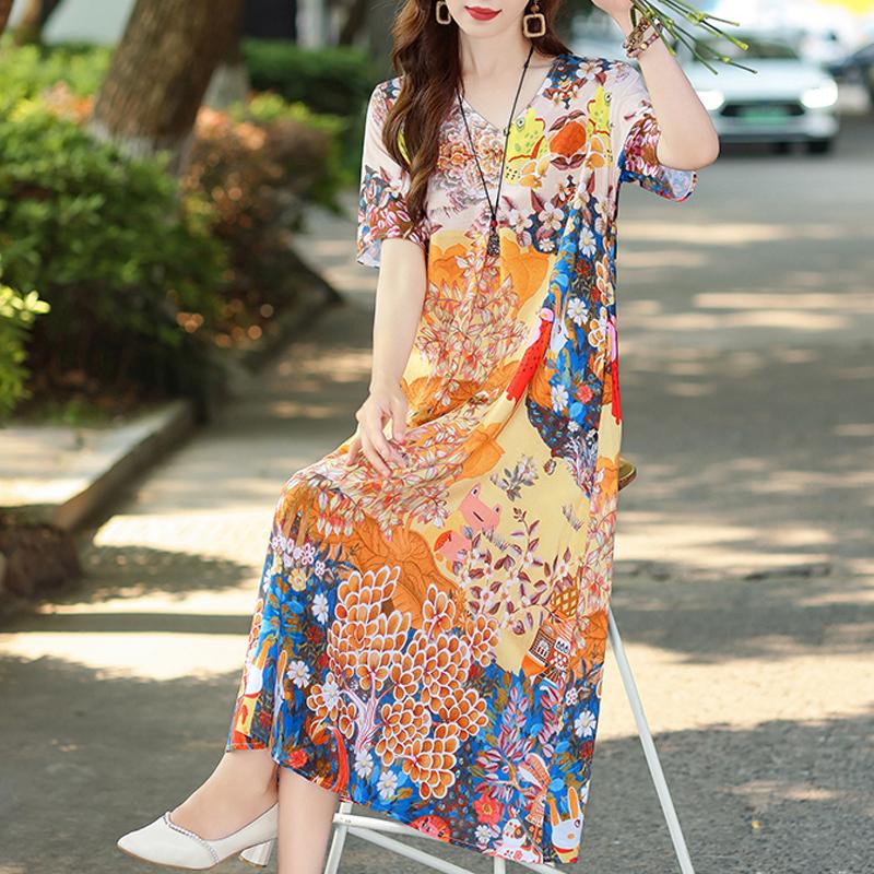 Women's Plus Size V-Neck Floral Long Dress – Short Sleeve Loose Fit Casual Dress with Pockets (Sizes XL-5XL)