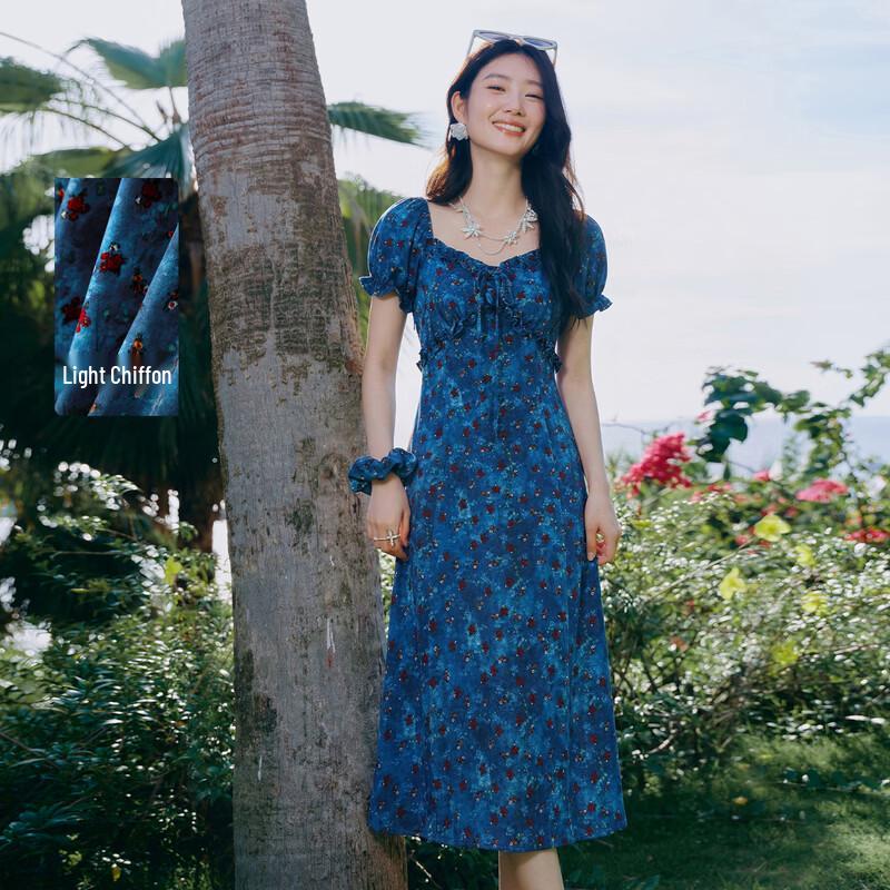 Romantic Square Neck Chiffon A-Line Midi Dress S
