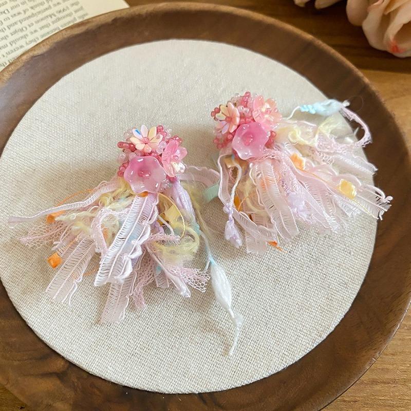 Silver Needle Pink Chiffon Flower Fringed Stud Earrings Small Fresh and Sweet Vacation Style Earrings Light Luxury High-end Earrings Women