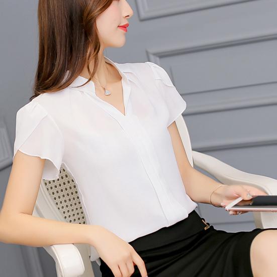Office Lady Formal Summer Solid Color Chiffon Blouse V Neck Short Sleeve Shirt