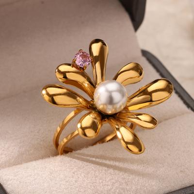 Zirkonblume Imitation Perlenringe für Damen Goldfarbe Edelstahl Blumenring Weihnachten Hochzeit Luxuriöser Schmuck Geschenk