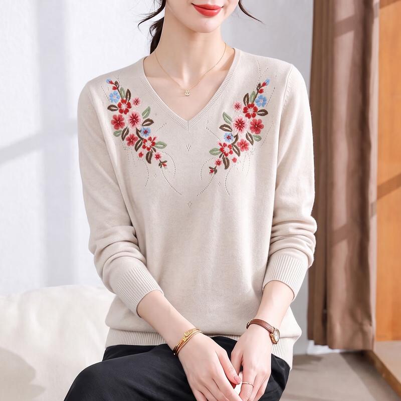 Hengyuanxiang Elegant Embroidered V-Neck Knitted Sweater for Mature Women