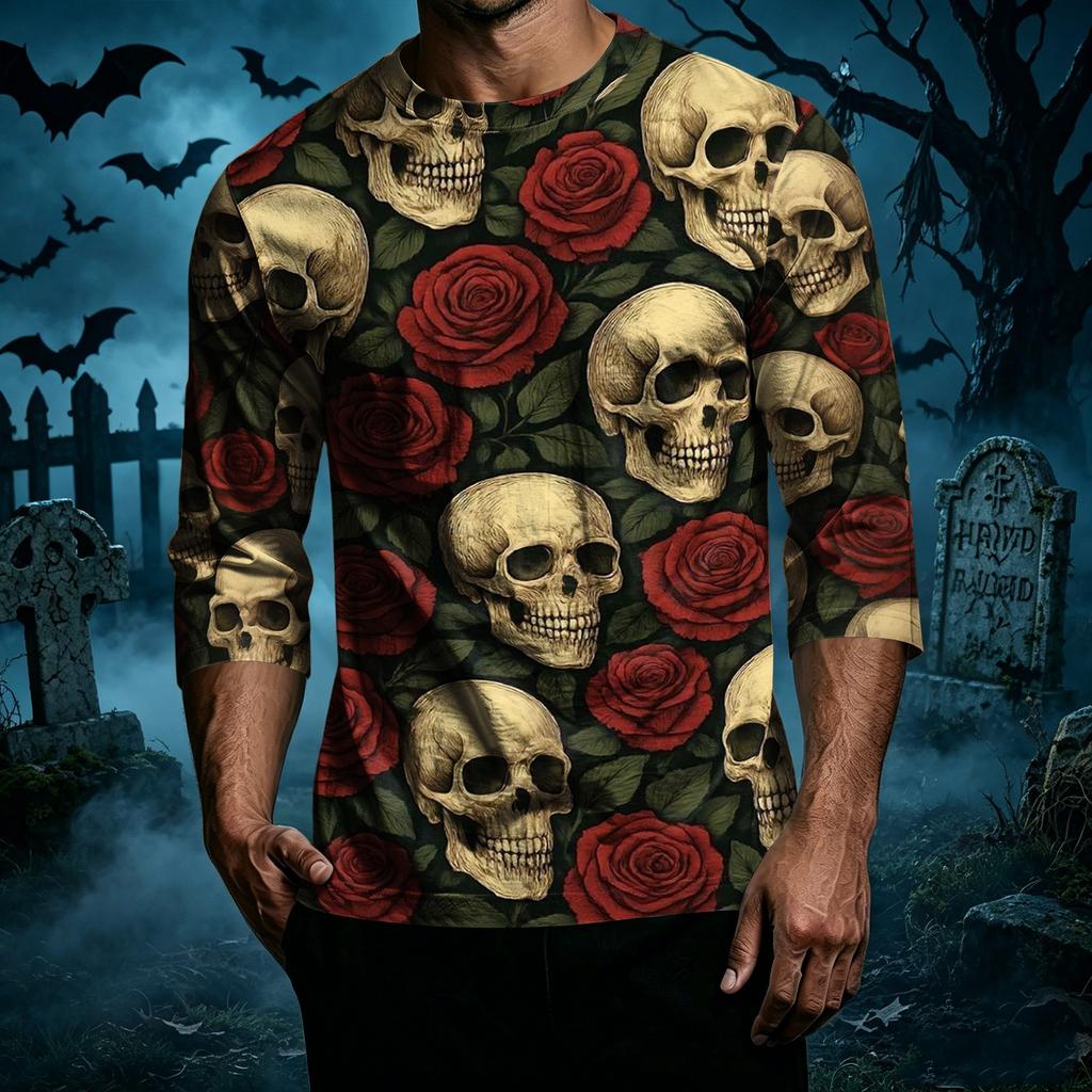 Men Casual Halloween Print Raglan Sleeve T Shirt Crew Neck Three Quarter Sleeve Top for Everyday Wear