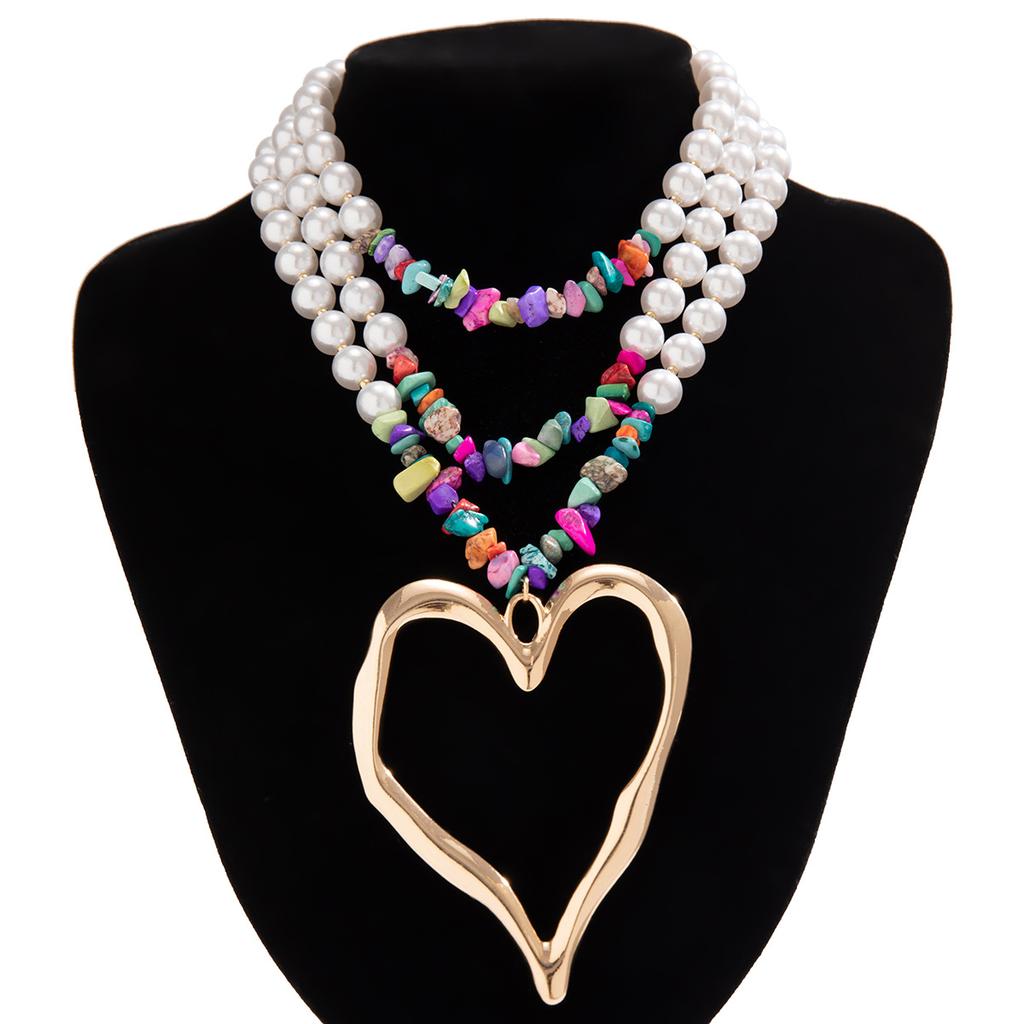 DIEZI Bohemian Multi Color Stone Necklace For Women Party Big Heart Pendant Turquoise Pearl Choker Necklace Statement Jewelry