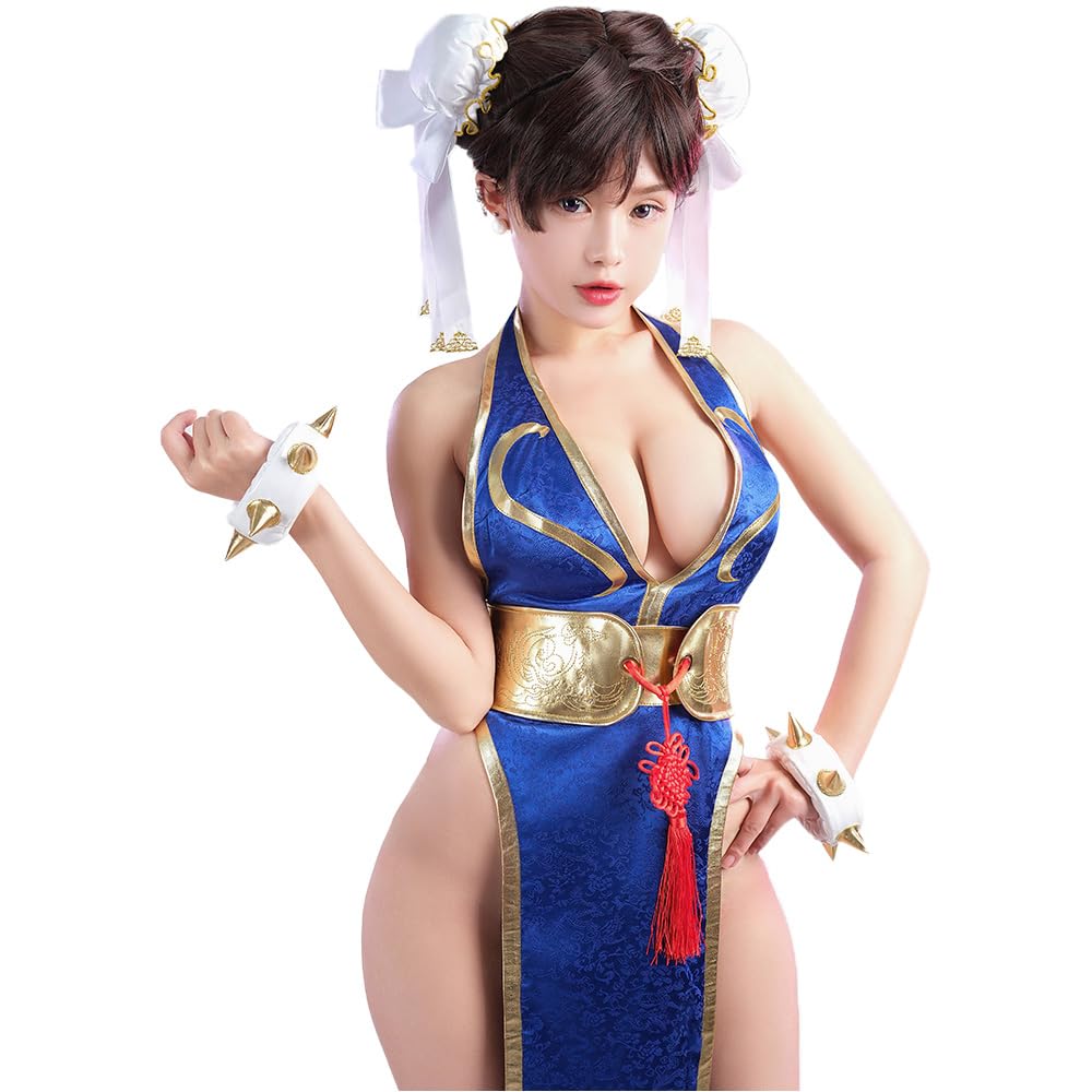 

Костюм для косплея ципао Miccostumes с открытой шеей и глубоким декольте, идеально подходящий для преображения, женский, сексуальный, милый, аниме, игра, боец, платье, V-образный вырез, синий