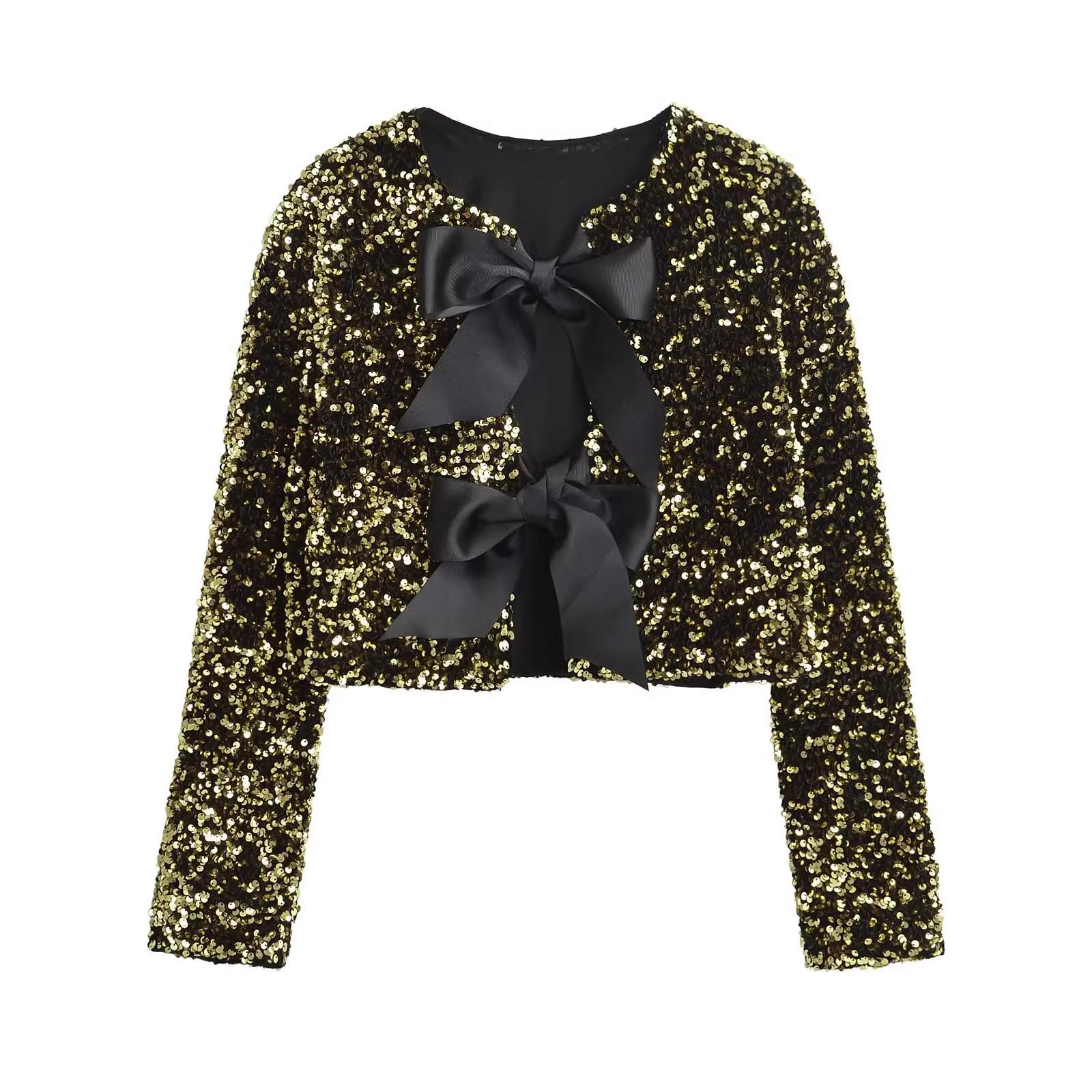 

2024 Зимняя женская куртка в европейском и американском стиле с бантом и пайетками Large жёлтый