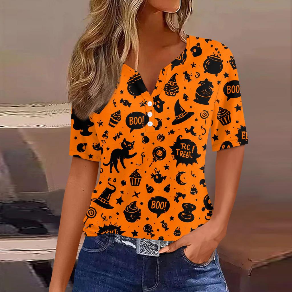 Women's Casual Halloween Print V Neck Short Sleeve Button Down T Shirt Top Lightweight Comfortable Fit