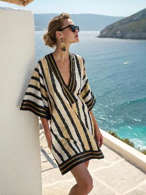 2026 summer European and American new loose printing V-neck women's casual vacation dress