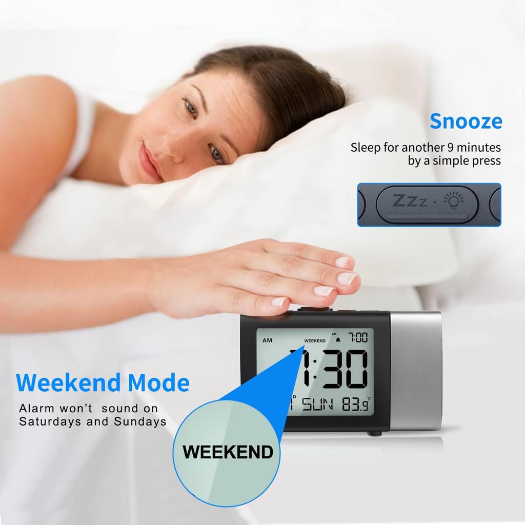 Portable Table Alarm Clock with Adjustable Backlight and Display Calendar Laser Projection Alarm Clock for Bedroom Ceiling Wall